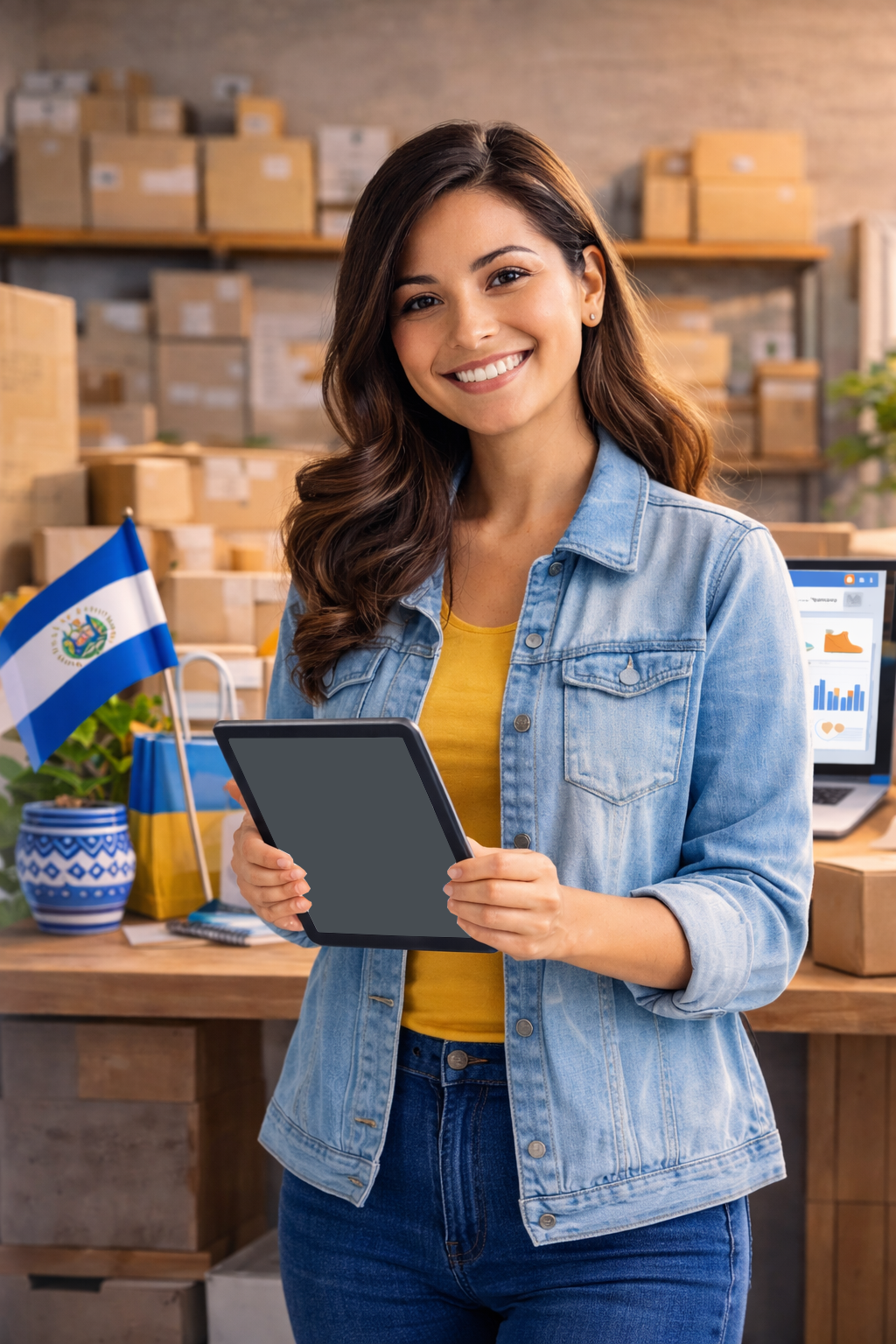 Emprendedora salvadoreña mostrando su negocio en Mitienda.com.sv