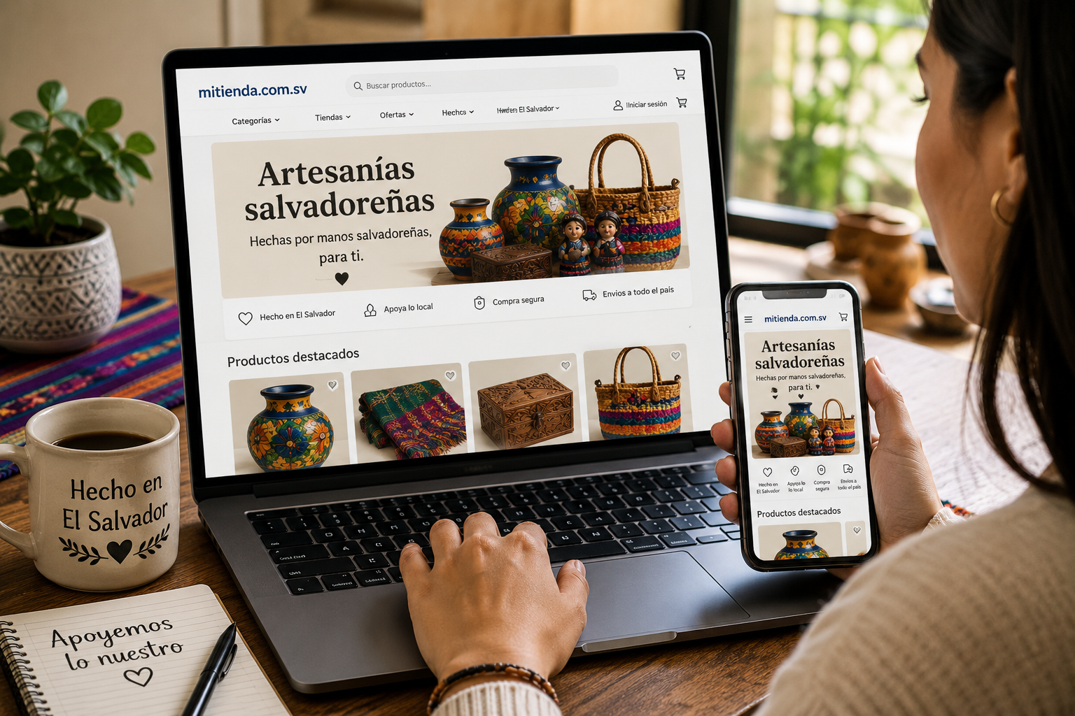 Persona comprando artesanías salvadoreñas online desde una computadora y celular en una tienda digital local