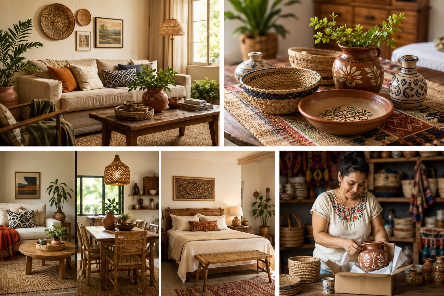Ambientes del hogar con estilo salvadoreño incluyendo sala, comedor y dormitorio con madera, plantas y decoración artesanal