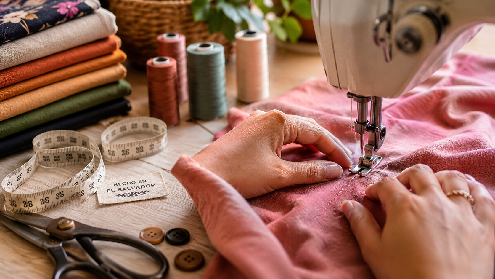 Detalle de confección de ropa salvadoreña con máquina de coser, tela, hilo y costuras hechas con cuidado