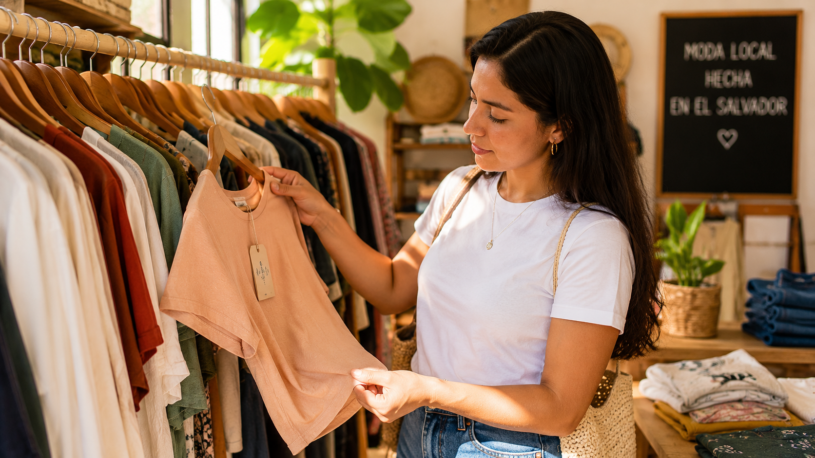 Compradora revisando una prenda salvadoreña en una tienda local para evaluar tela, talla, calidad y diseño