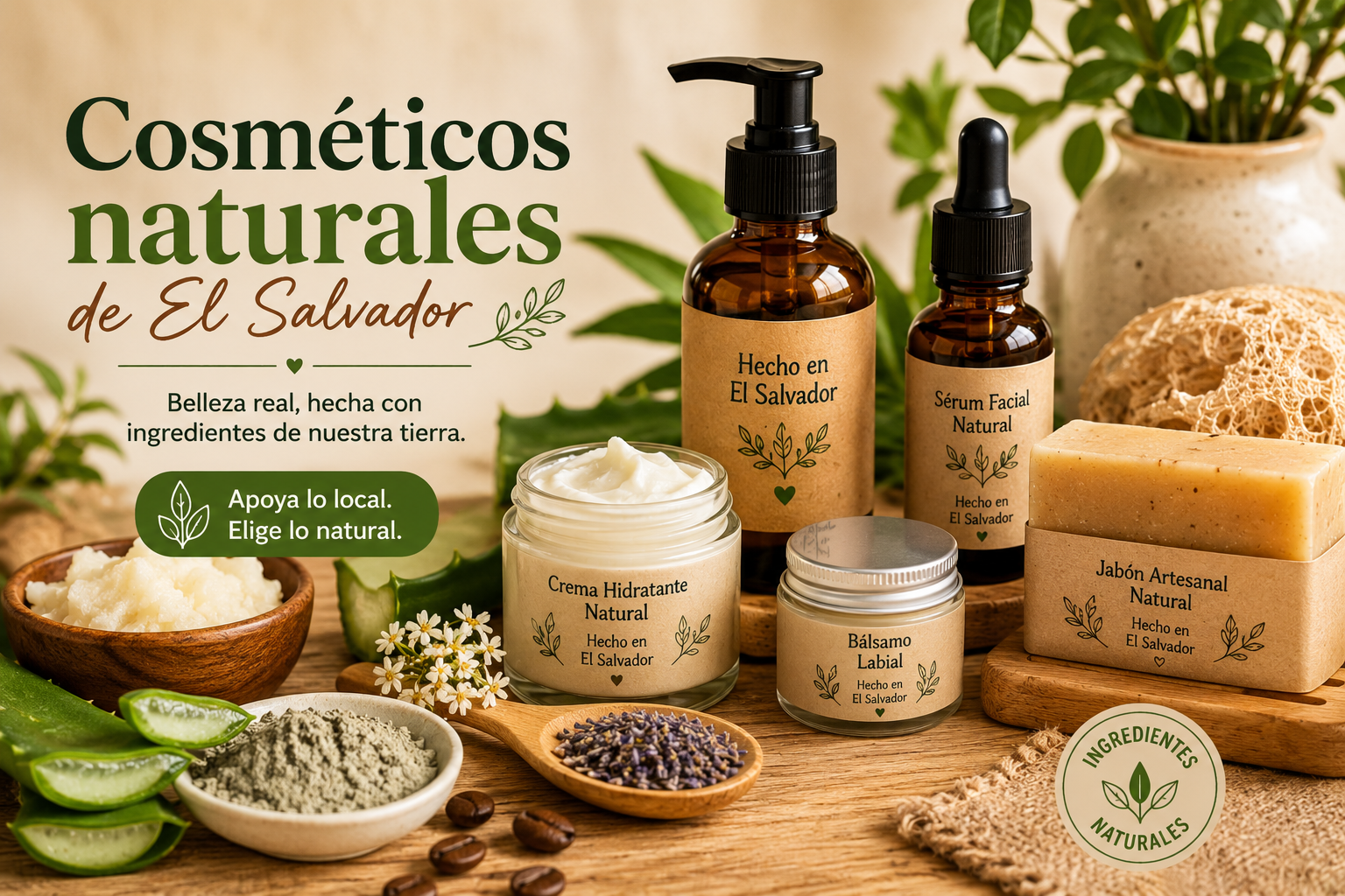 Cosméticos naturales de El Salvador con cremas, jabones, aceites, plantas y envases de belleza local