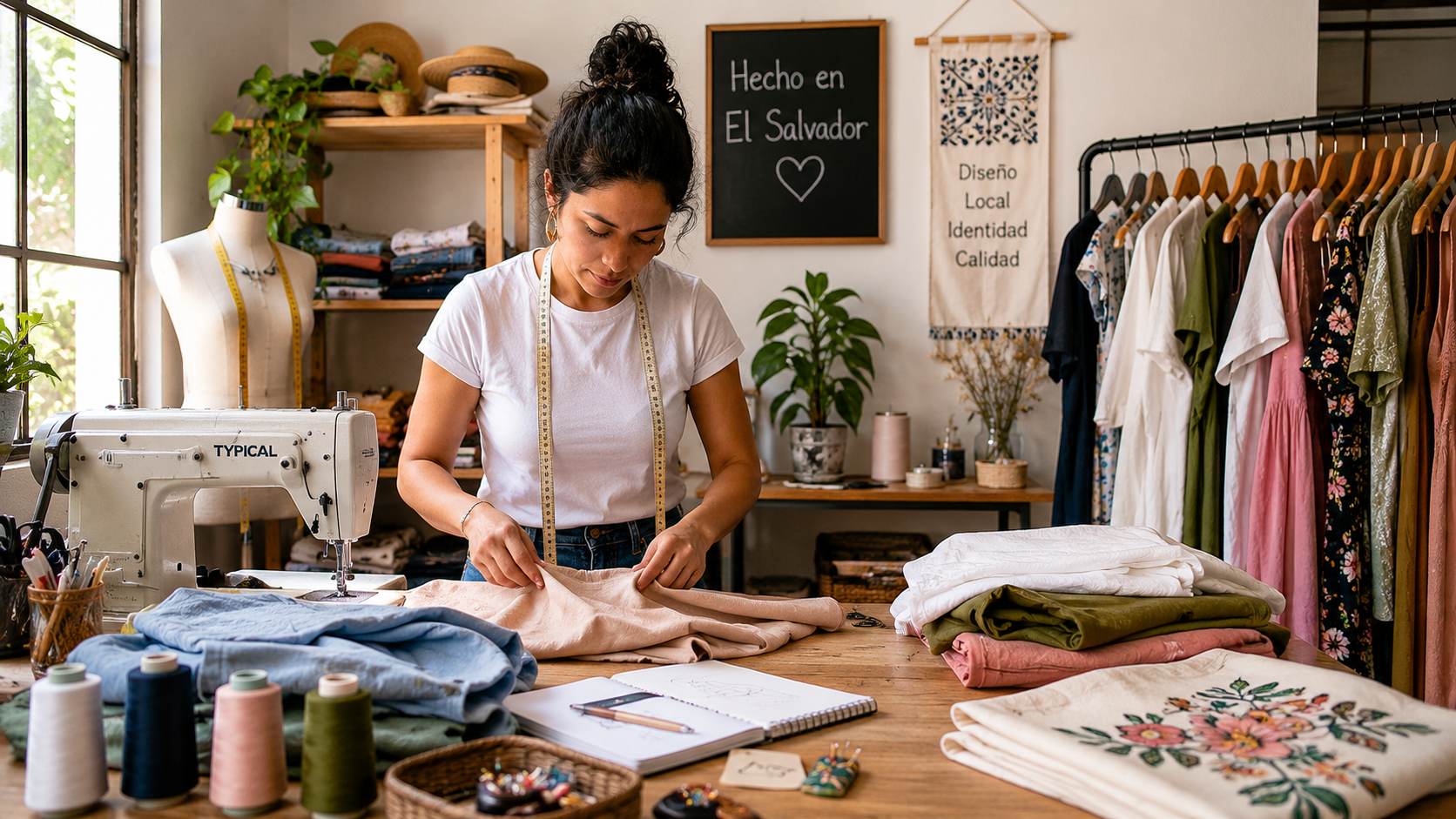 Costurera salvadoreña trabajando en un taller local de ropa hecha en El Salvador con prendas y telas sobre la mesa