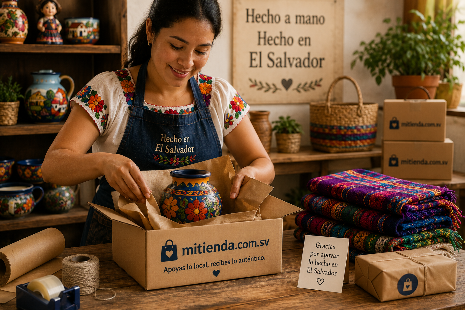 Emprendedora salvadoreña empacando artesanías hechas a mano para enviar a compradores desde Mitienda.com.sv