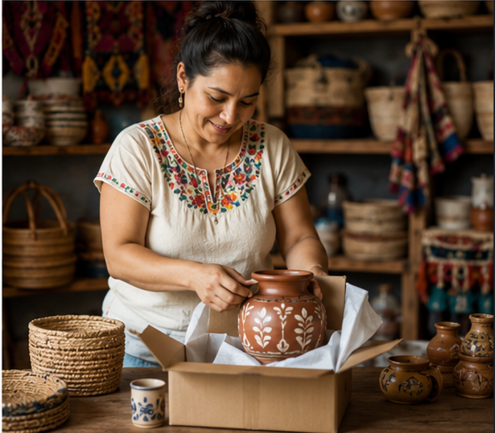 Emprendedora salvadoreña preparando productos de decoración para el hogar como cerámica, textiles y cestas artesanales