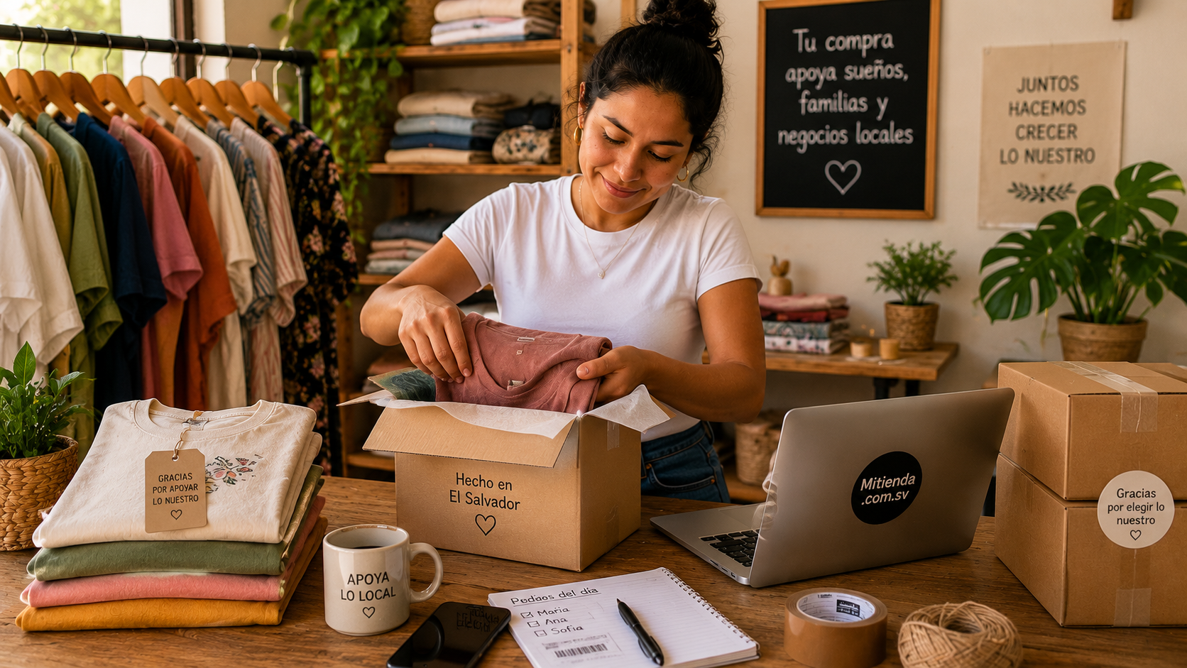 Emprendedora salvadoreña preparando pedidos de ropa para vender en línea desde Mitienda.com.sv