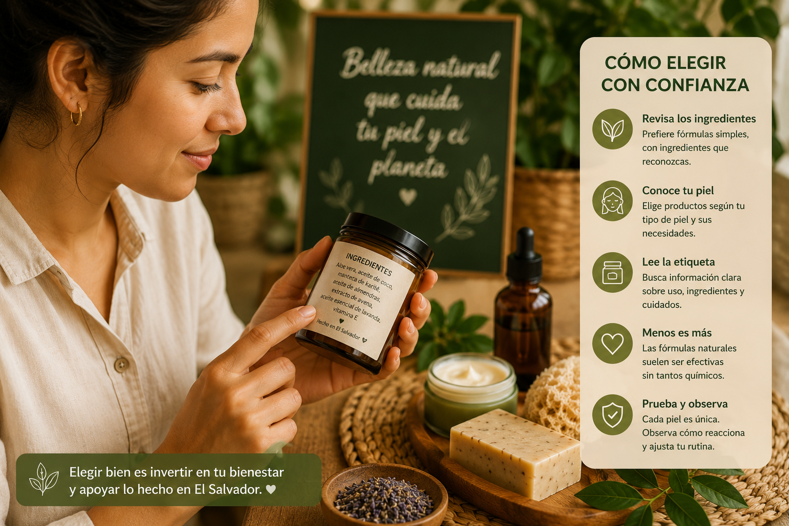 Persona revisando la etiqueta de un cosmético natural para conocer ingredientes, uso recomendado y tipo de piel