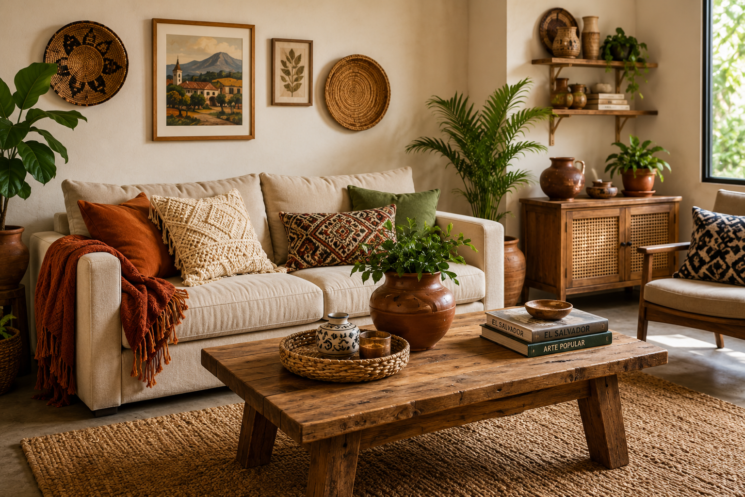 Sala acogedora con decoración para el hogar con estilo salvadoreño, madera, plantas, cerámica y textiles artesanales