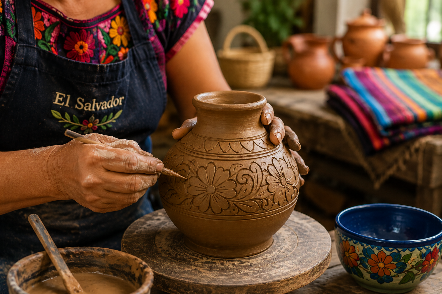 Manos artesanas salvadoreñas trabajando una pieza de barro hecha a mano con herramientas y materiales locales