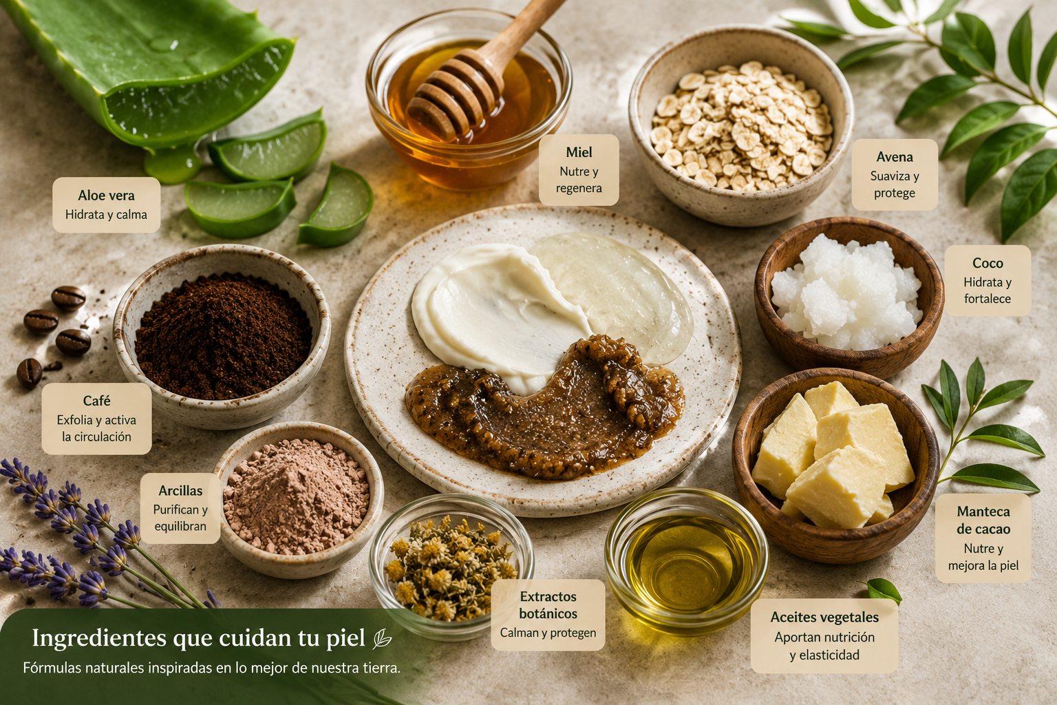 Ingredientes naturales para cosméticos de El Salvador como aloe vera, miel, avena, café, coco, arcillas y aceites vegetales