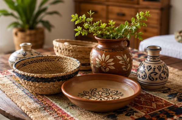 Mesa decorada con cerámica artesanal, cestas tejidas, textiles salvadoreños y tonos tierra para decoración del hogar
