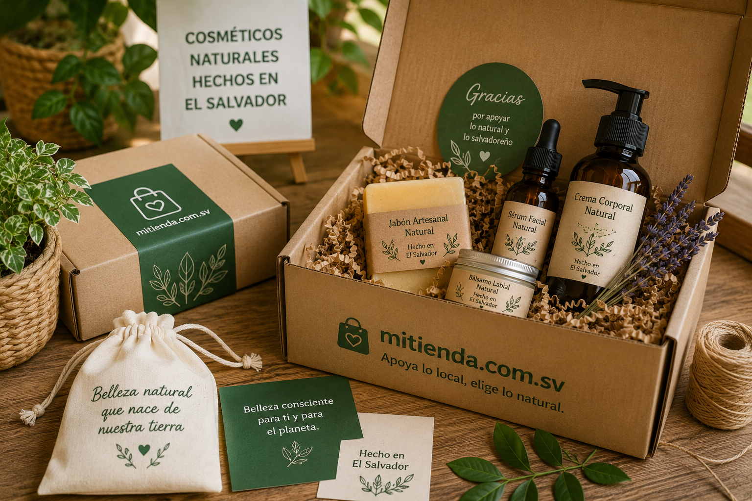 Paquete de cosméticos naturales salvadoreños listo para envío con jabones, cremas, aceites y empaque de Mitienda.com.sv