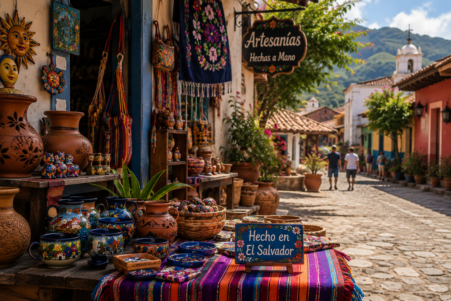 Tienda artesanal salvadoreña con cerámica, textiles, barro y productos hechos a mano en un pueblo de El Salvador