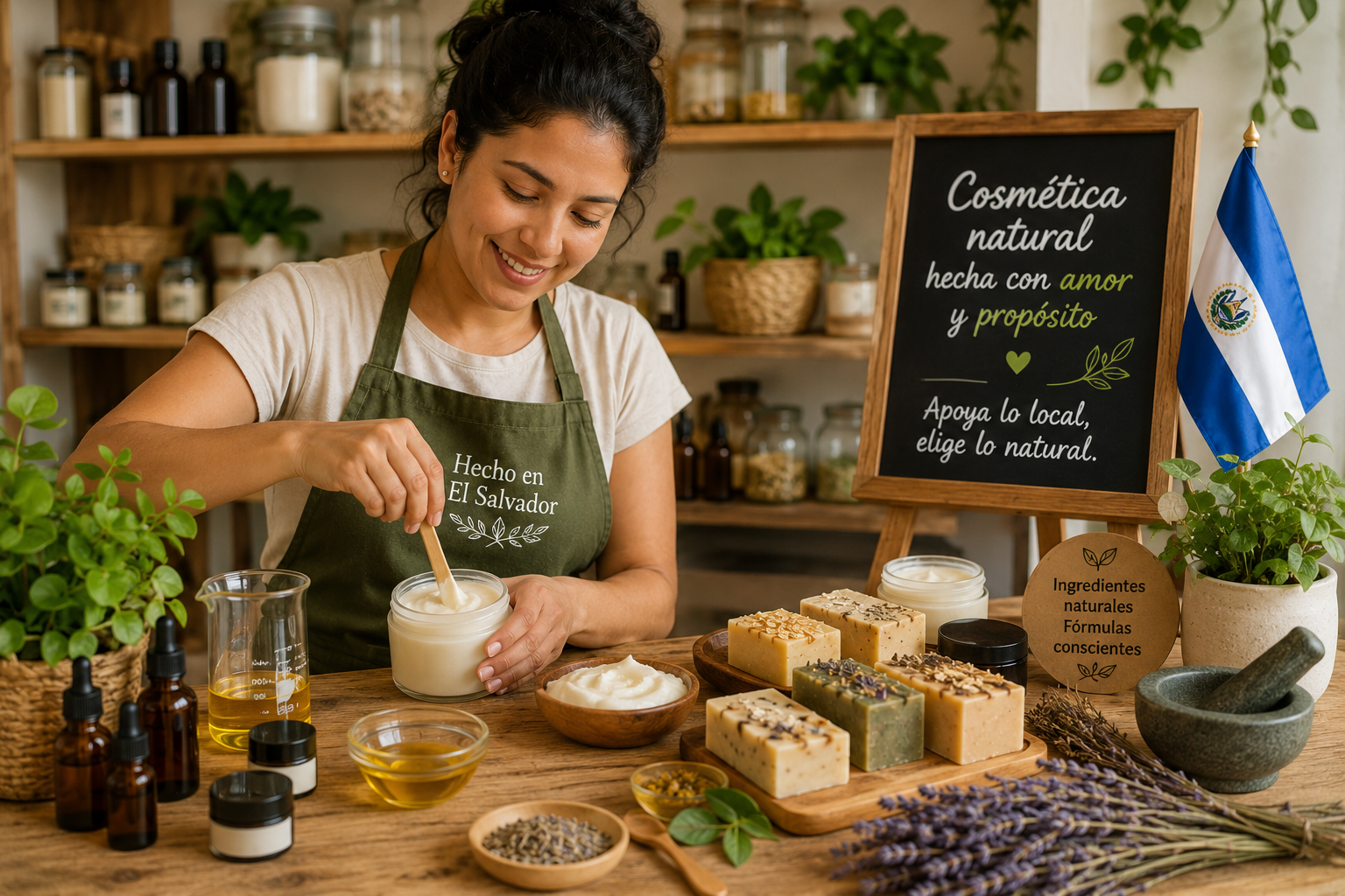 Emprendedora salvadoreña preparando cosméticos naturales como jabones, cremas y aceites en un taller local